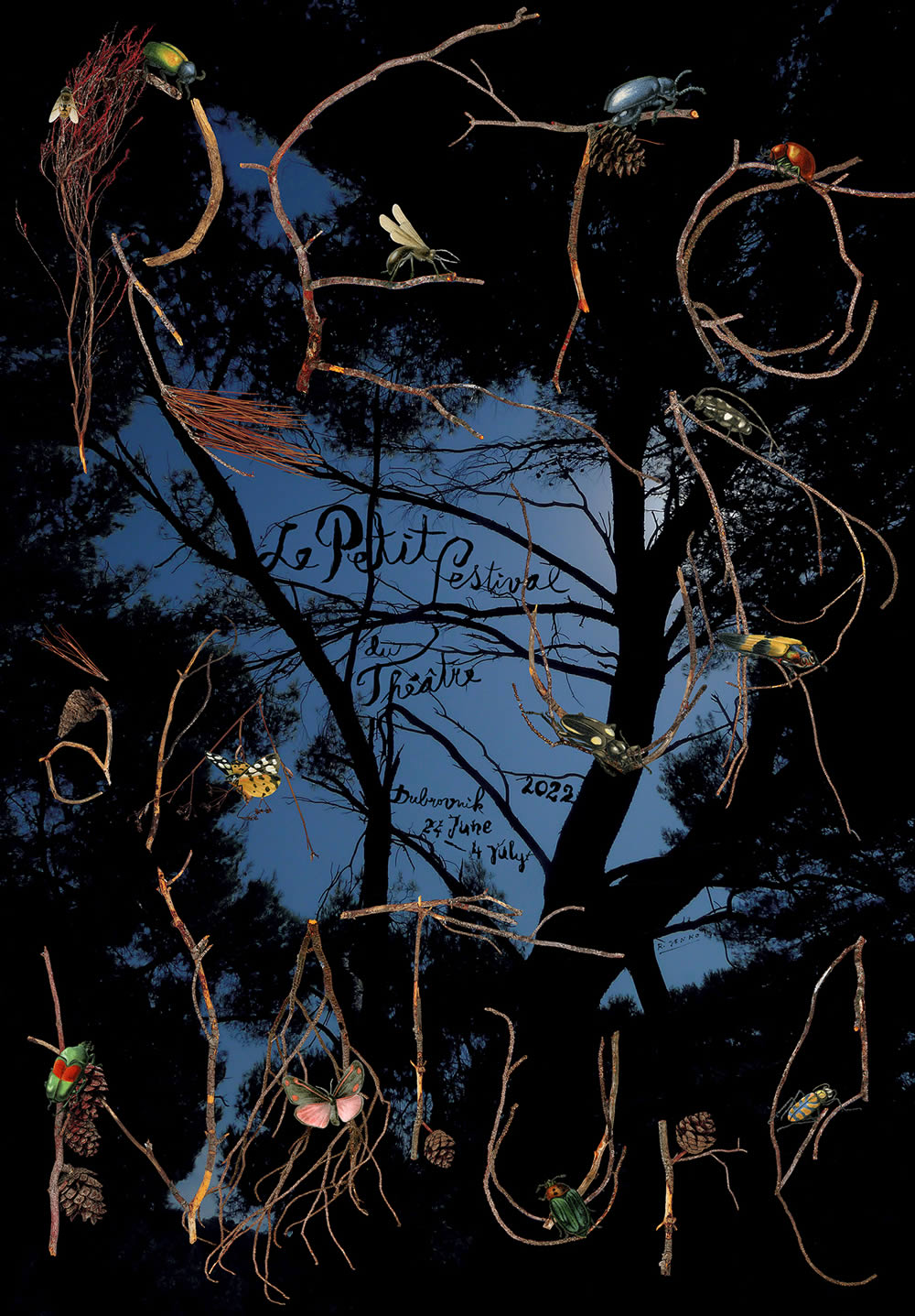 Le Petit Festival du Théâtre Dubrovnik poster, 24 June to 4 July 2022, with twigs and insects on a night sky
