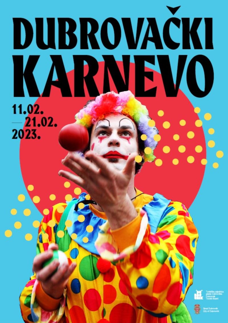 Dubrovački Karnevo 2023 poster, 11 to 21 February, with a juggling clown