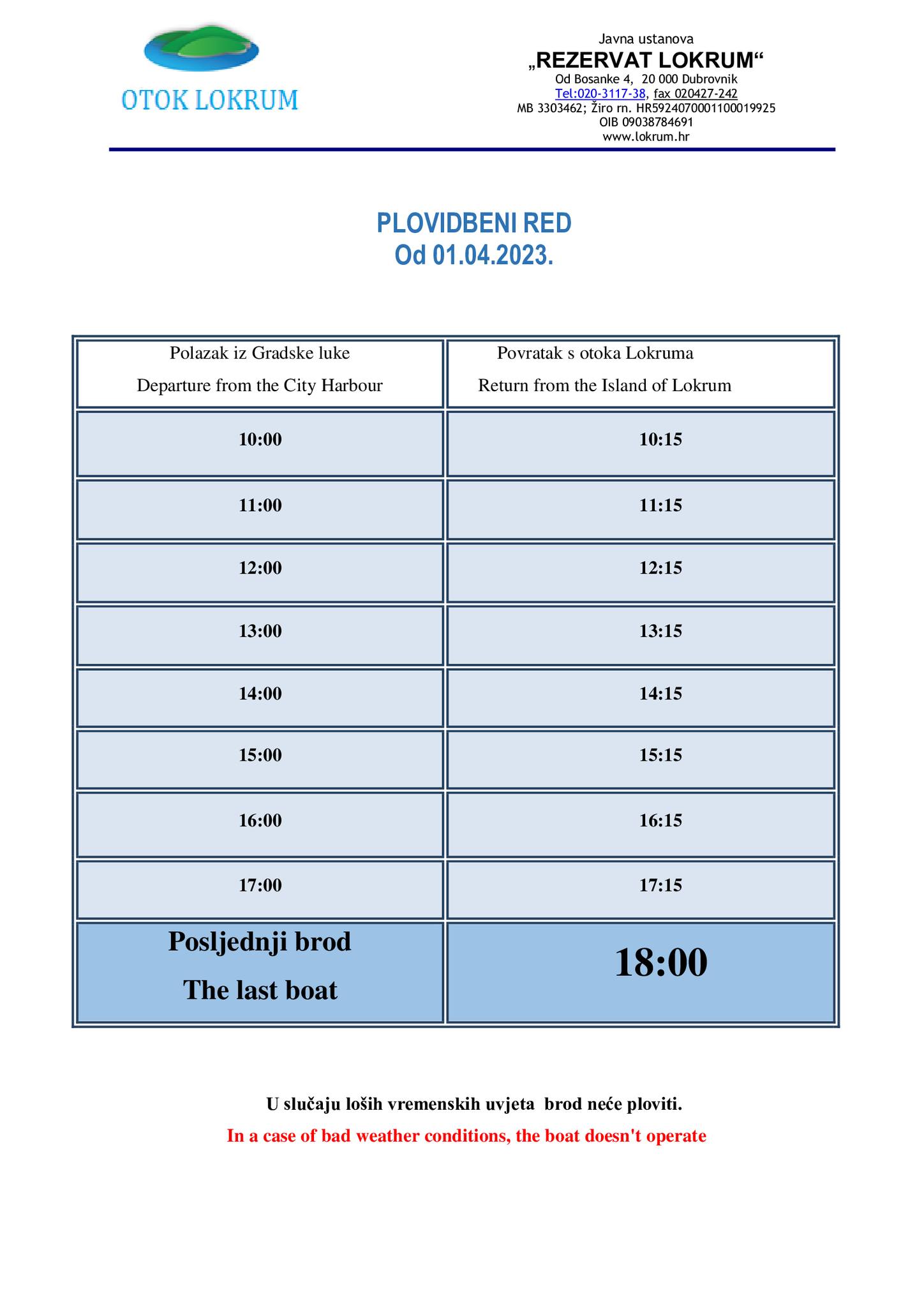Lokrum ferry timetable from 1 April 2023: hourly boats from the City Harbour 10:00–17:00, last boat back 18:00