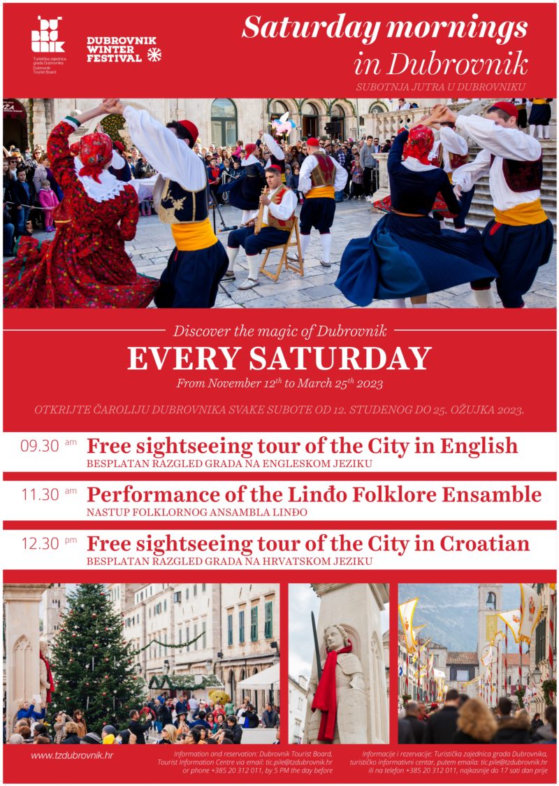 Winter Saturday mornings in Dubrovnik poster: free city tours and Linđo folklore show until 25 March 2023