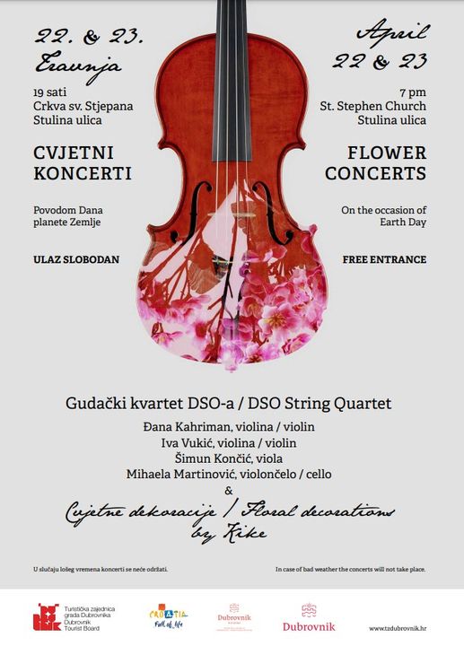 Poster for the Flower Concerts by the DSO String Quartet at St. Stephen Church, 22–23 April, free entry