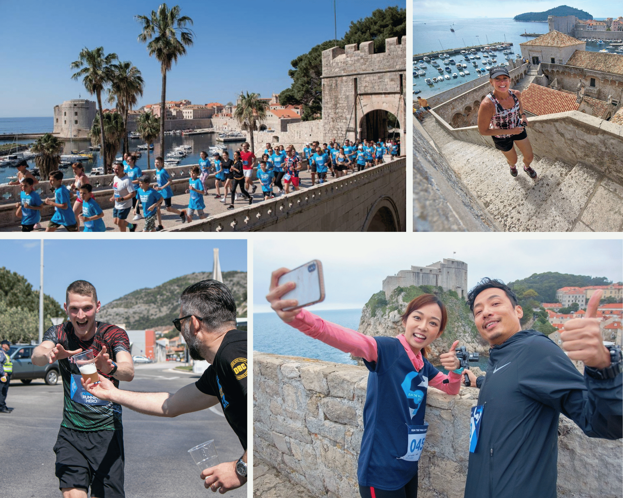 Du Motion Runners Days collage: runners by the Old Town and on the city walls, a water station and a selfie