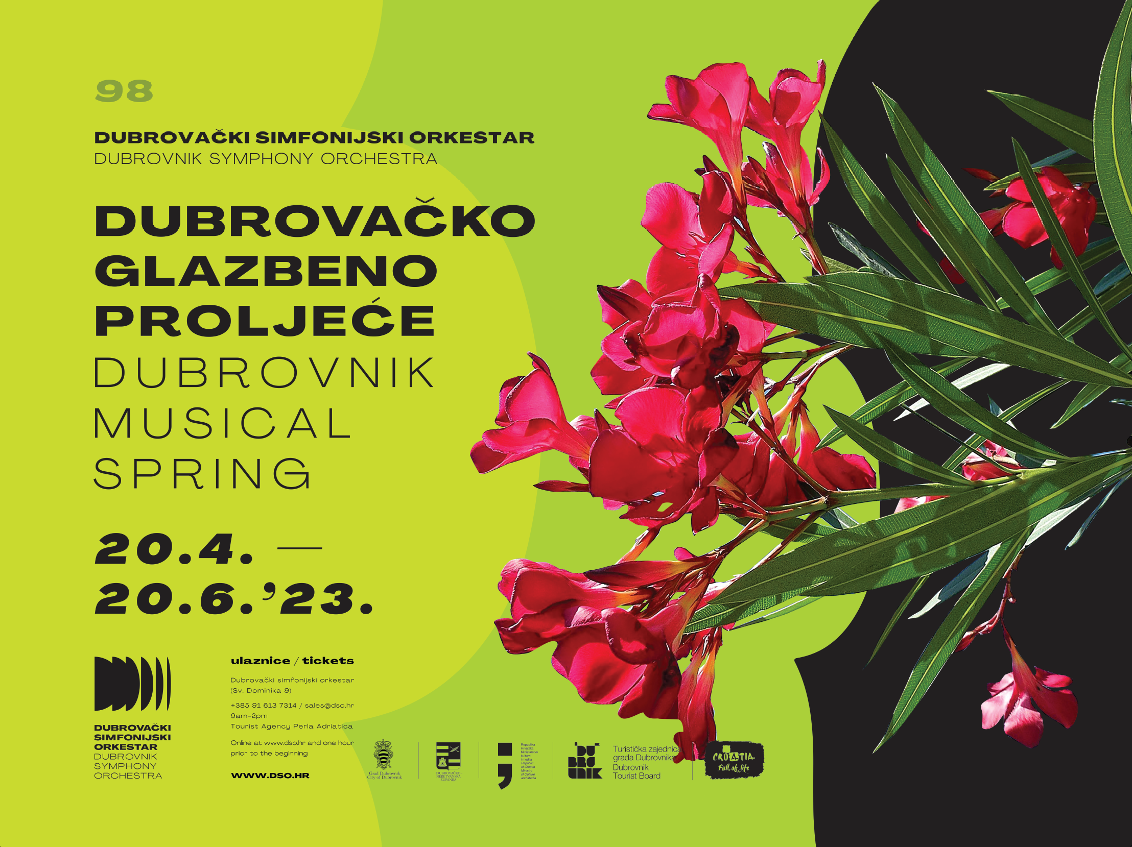 Dubrovnik Symphony Orchestra poster for Dubrovnik Musical Spring, 20 April to 20 June 2023, with red oleanders