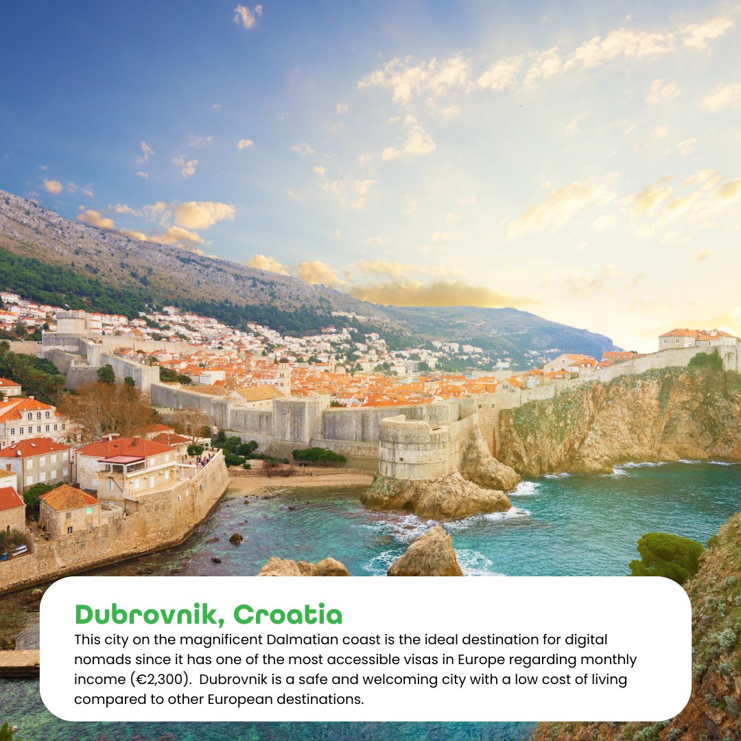 Dubrovnik Old Town walls by the sea, with text calling the city an ideal destination for digital nomads