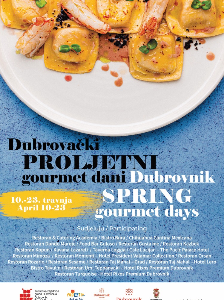 Poster for Dubrovnik Spring Gourmet Days, 10–23 April, with a plate of ravioli and participating restaurants