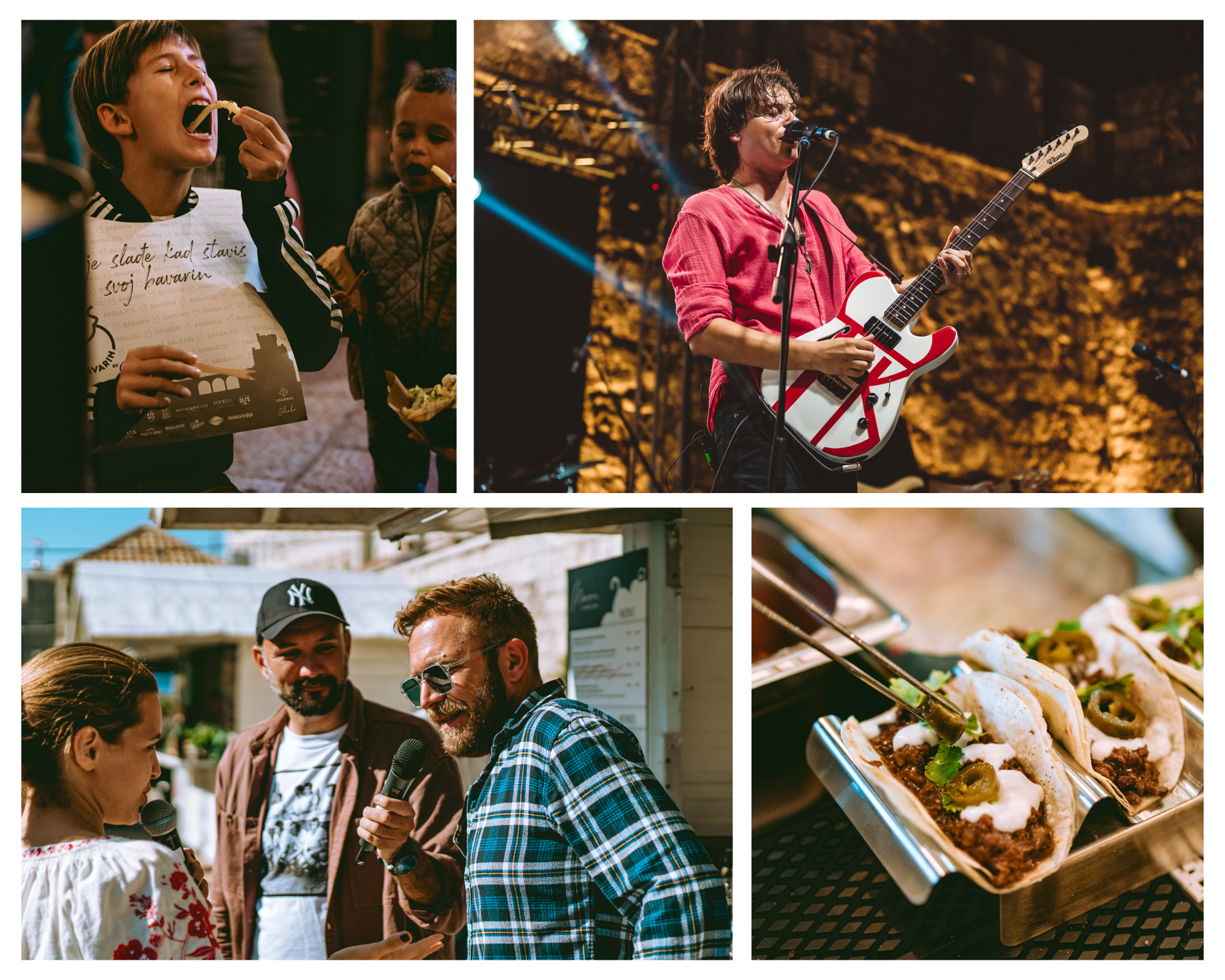 Bavarin Street Food Festival collage: boy eating, guitarist on stage, interview at a food stall and tacos