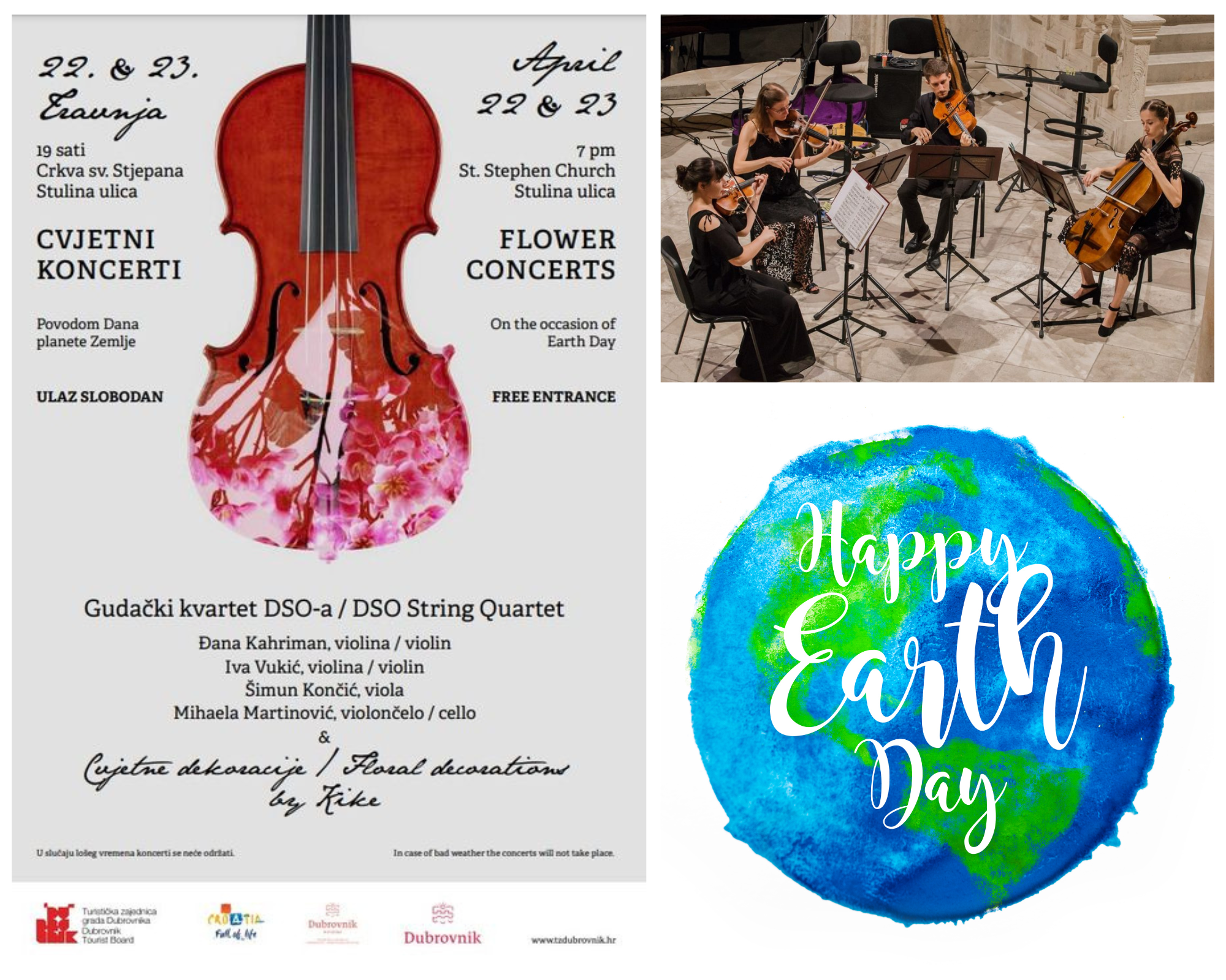 Flower Concerts poster for 22–23 April at St. Stephen Church, with a string quartet and a Happy Earth Day globe