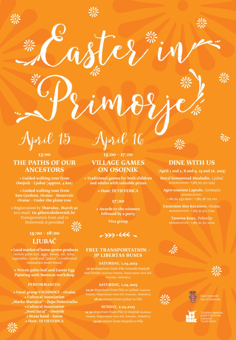 Easter in Primorje poster: 15–16 April walks, village games, a local market in Ljubač and free bus transport