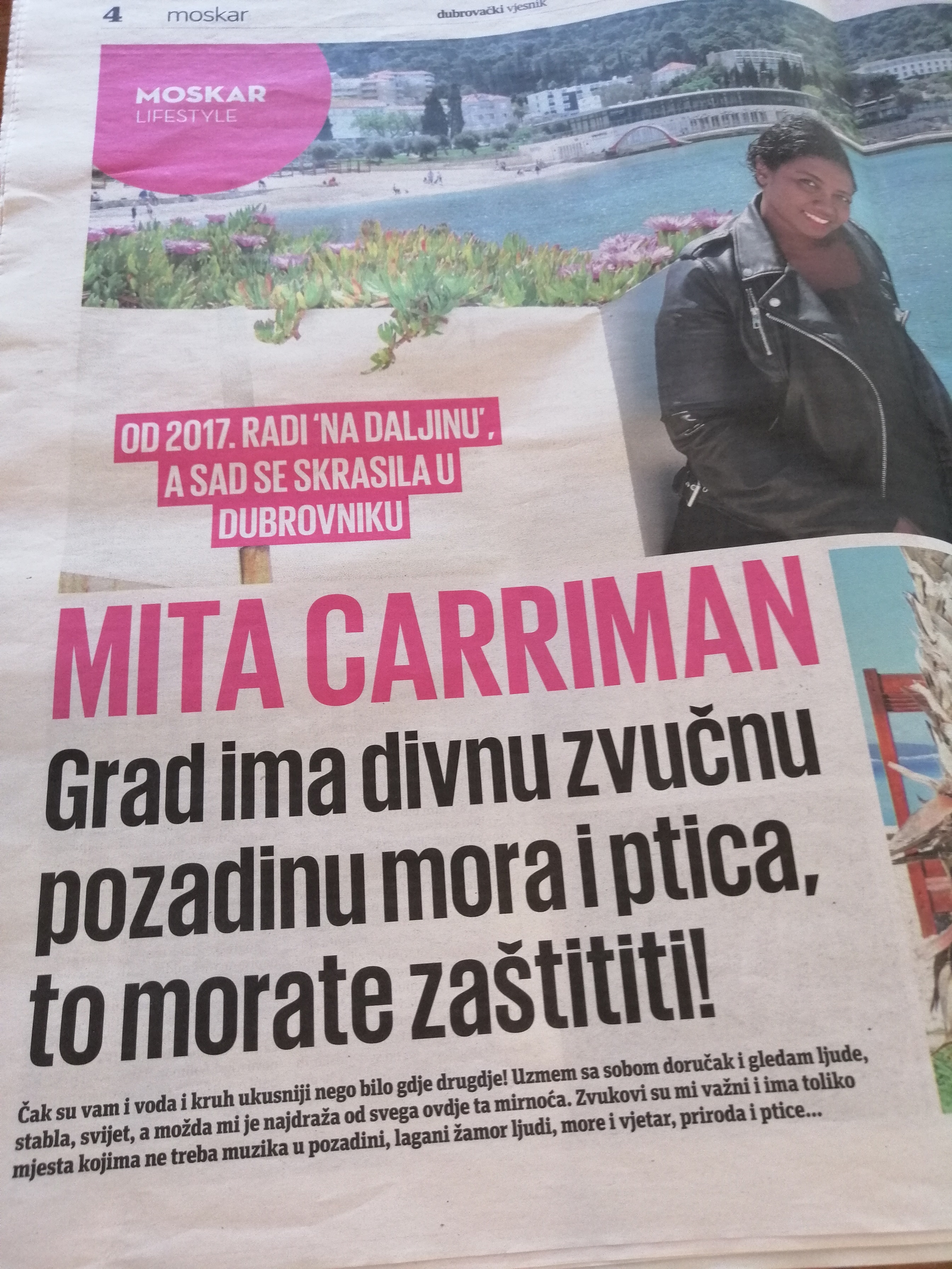 Dubrovački vjesnik newspaper page with the interview with Mita Carriman and her photo by the sea