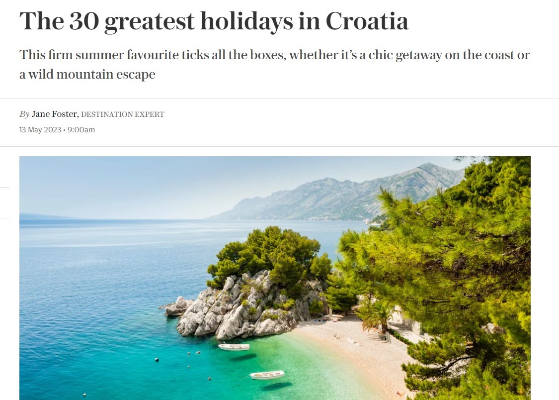 Screenshot of The Telegraph article The 30 greatest holidays in Croatia, showing a pine-fringed beach