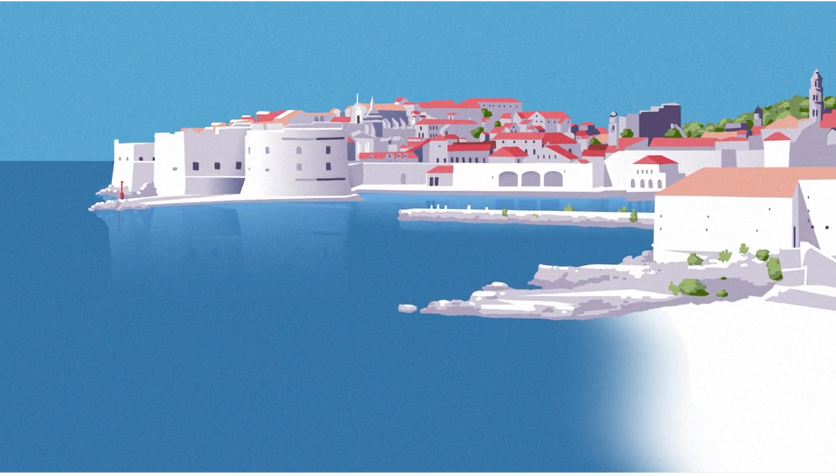 Animated illustration of Dubrovnik Old Town and its walls by the sea, from the Respect the City film