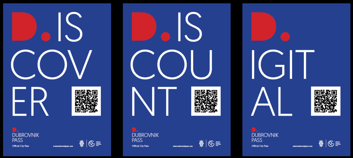 Three Dubrovnik Pass posters reading Discover, Discount and Digital, each with a QR code