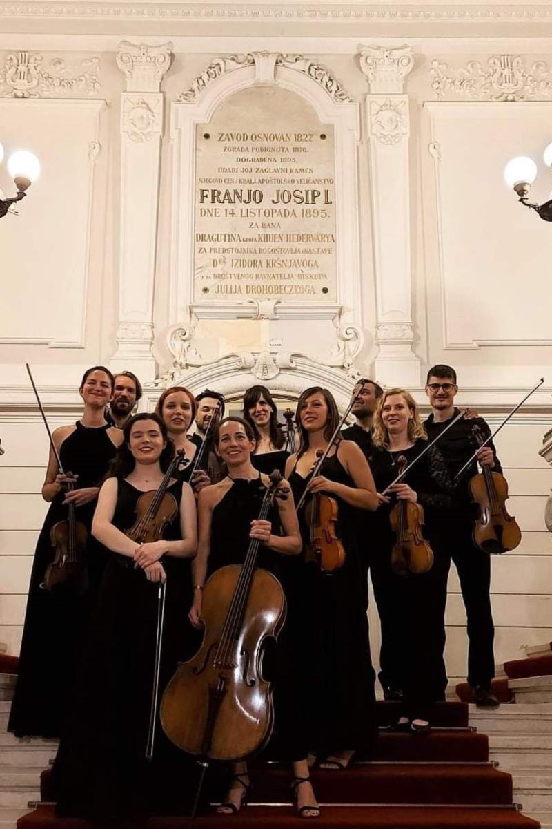 The Virtuosos of Split string ensemble posing with their instruments on a grand staircase