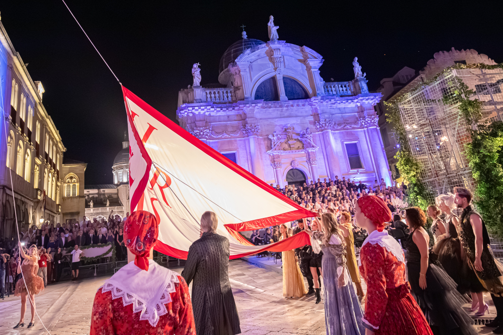 Libertas flag raised in front of the Church of St. Blaise at the opening of the 74th Dubrovnik Summer Festival