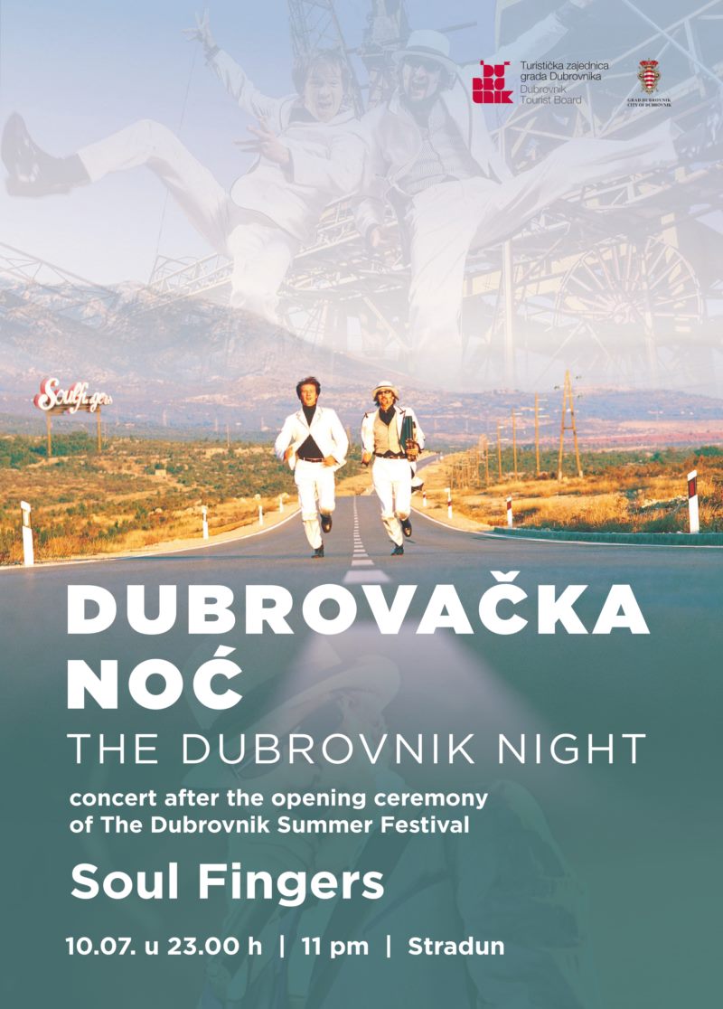 Poster for The Dubrovnik Night concert by Soul Fingers on Stradun, 10 July, 11 pm, after the festival opening