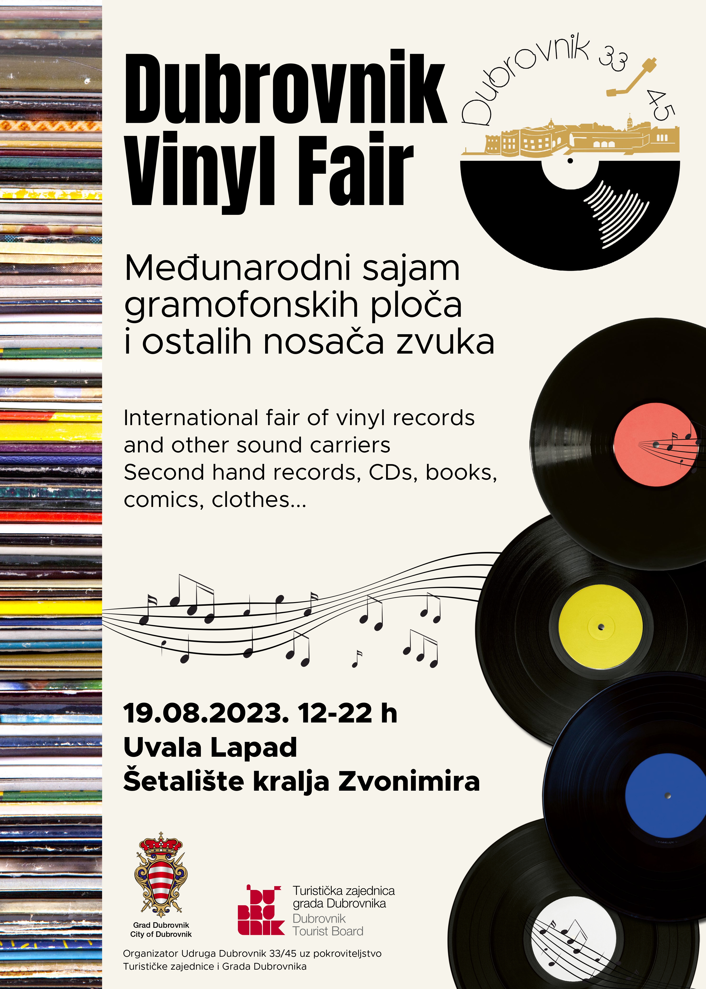 Poster for the Dubrovnik Vinyl Fair at Uvala Lapad, 19 August 2023, 12 to 22 h, with vinyl records