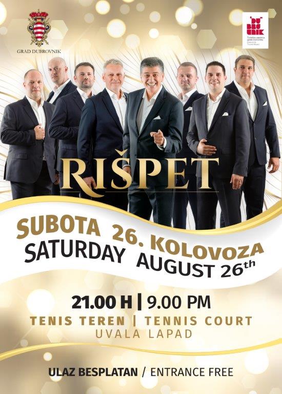 Poster for Klapa Rišpet concert at the tennis court in Uvala Lapad, Saturday 26 August at 9 PM, free entry