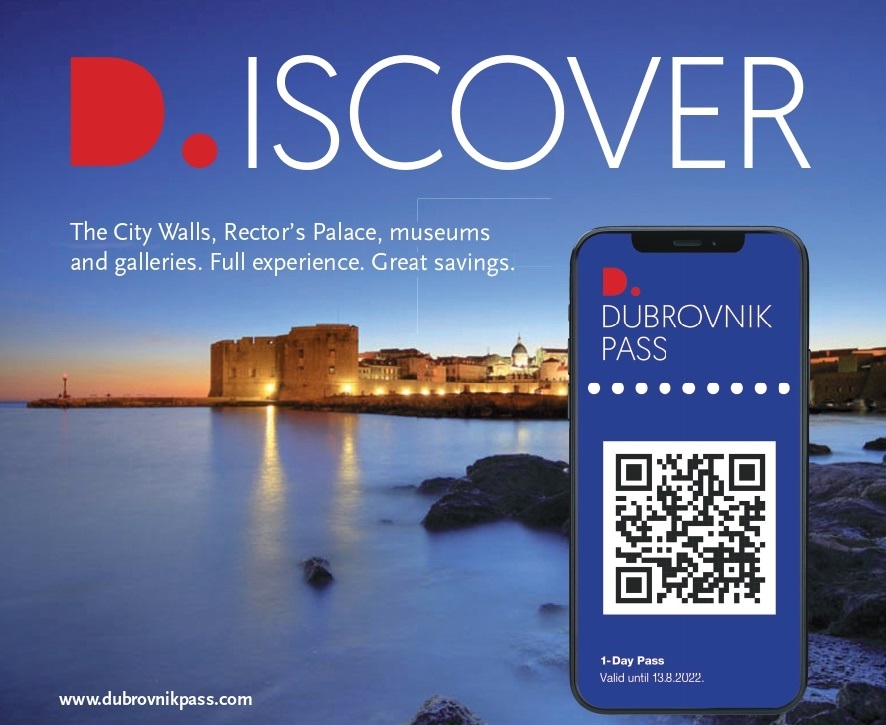 Dubrovnik Pass ad showing the city walls at dusk and a digital pass with a QR code on a phone