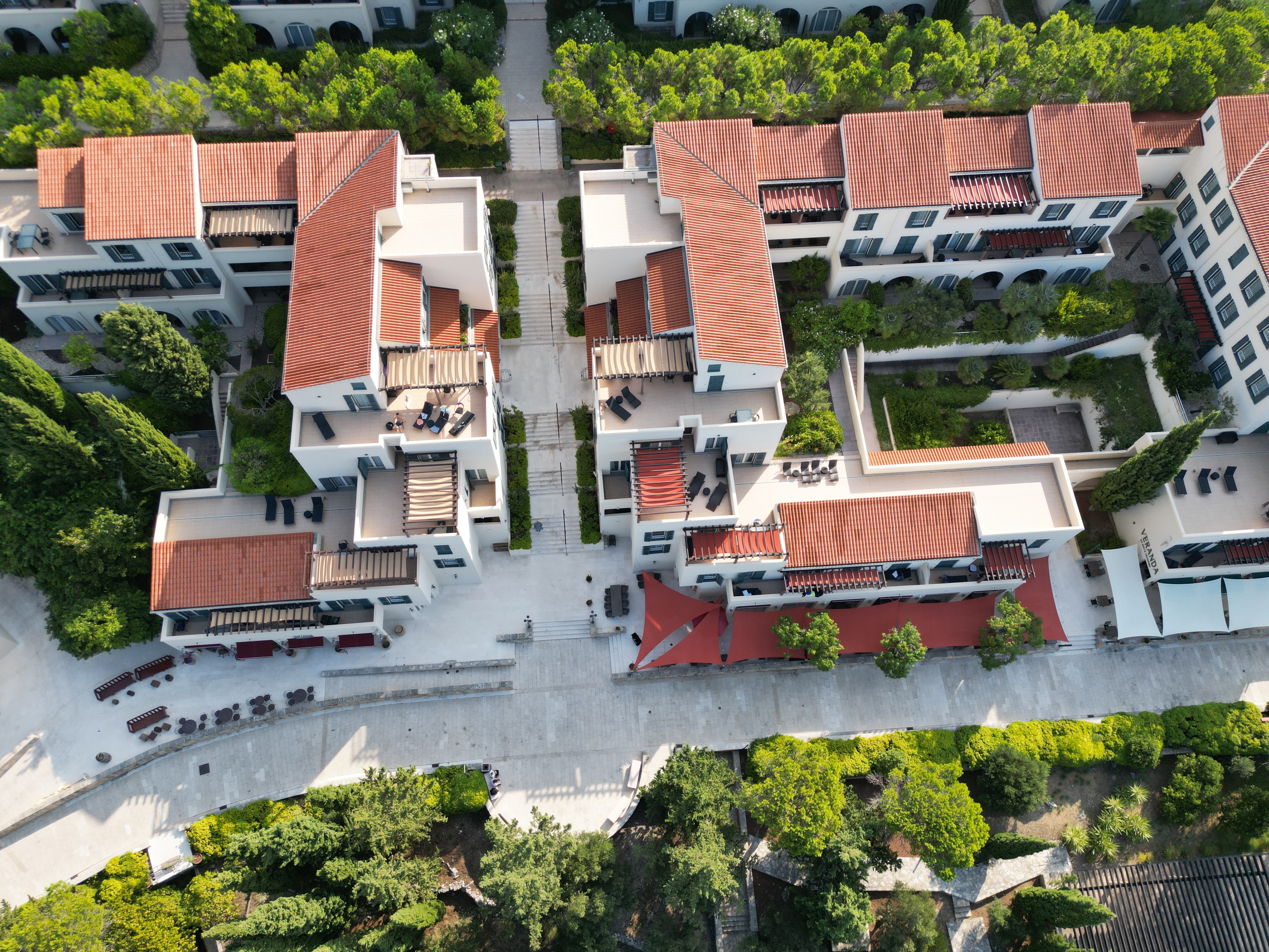 Aerial view of the red-roofed apartment buildings of Dubrovnik Sea View Residences in Orašac