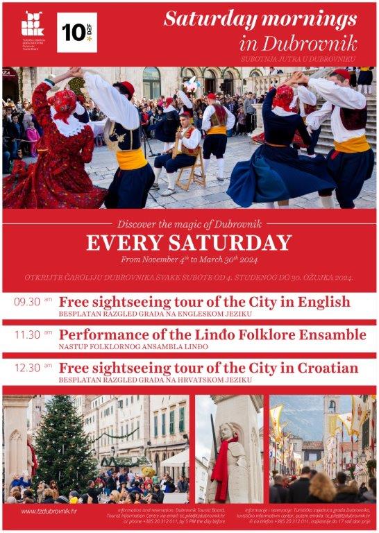 Poster for Saturday mornings in Dubrovnik with free city tours in English and Croatian and a Linđo Folklore show