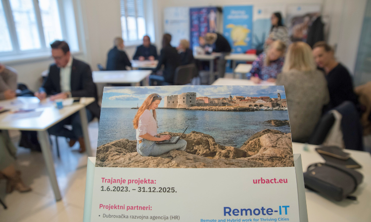 Remote-IT project sign showing a woman on a laptop by the sea, with meeting participants behind