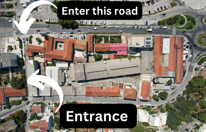 Aerial map of the TUP building in Gruž with arrows marking the access road and the entrance