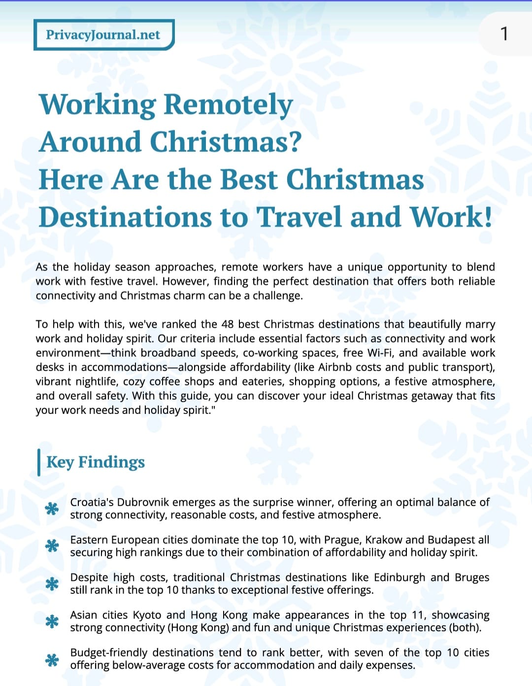 PrivacyJournal.net report naming Dubrovnik the best Christmas destination for remote workers