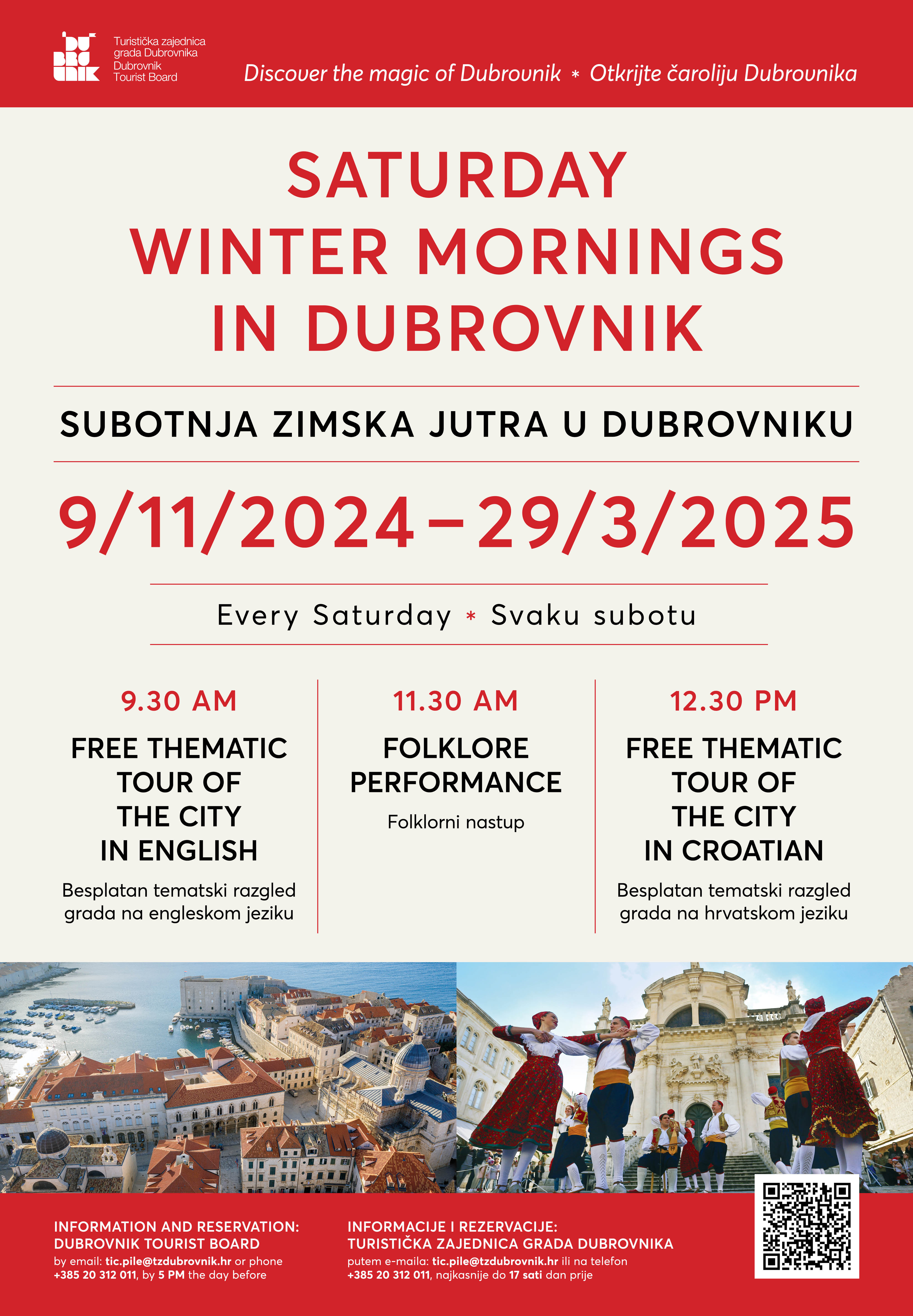 Poster for Saturday Winter Mornings in Dubrovnik, 9 Nov 2024 to 29 Mar 2025, with free city tours and folklore show