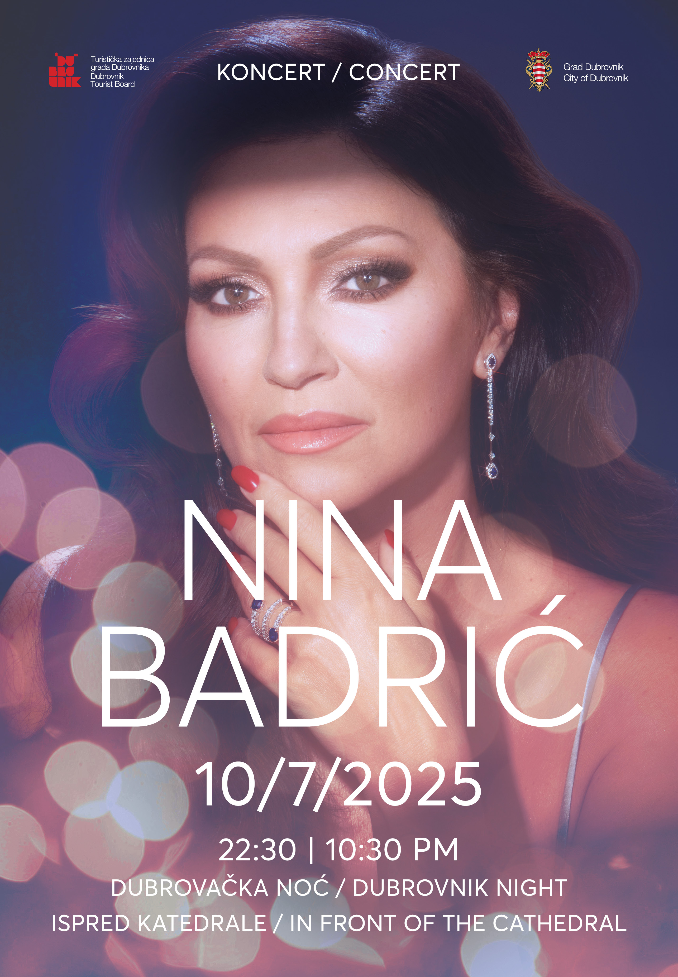 Poster for Nina Badrić concert in front of Dubrovnik Cathedral, 10 July 2025 at 10:30 PM