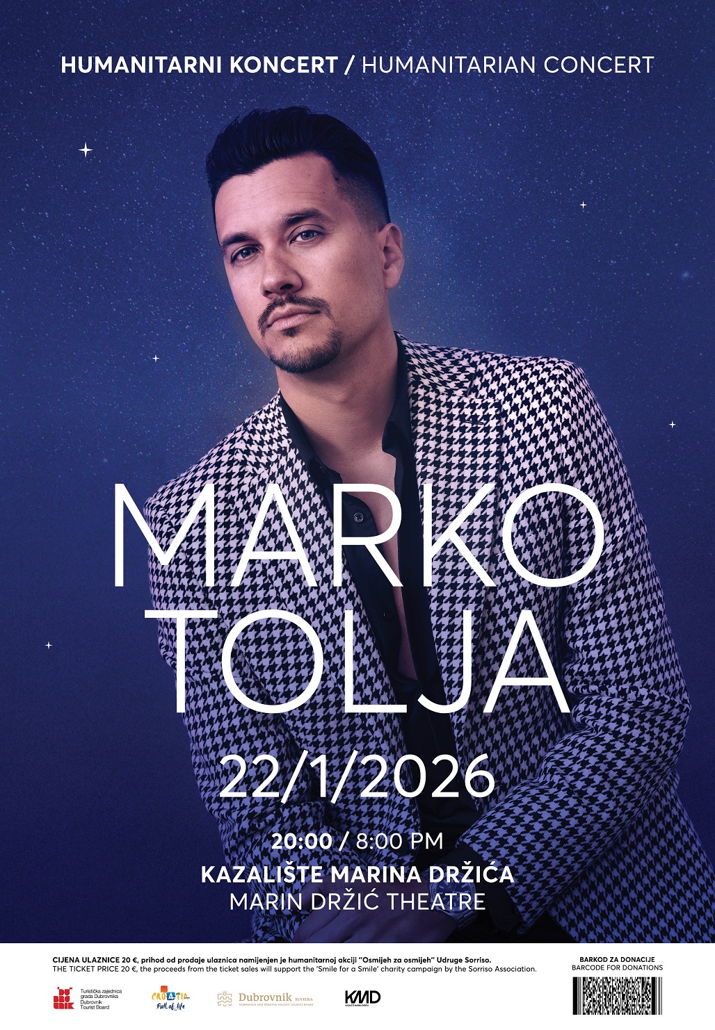 Poster for Marko Tolja charity concert at Marin Držić Theatre, 22 January 2026 at 8 PM