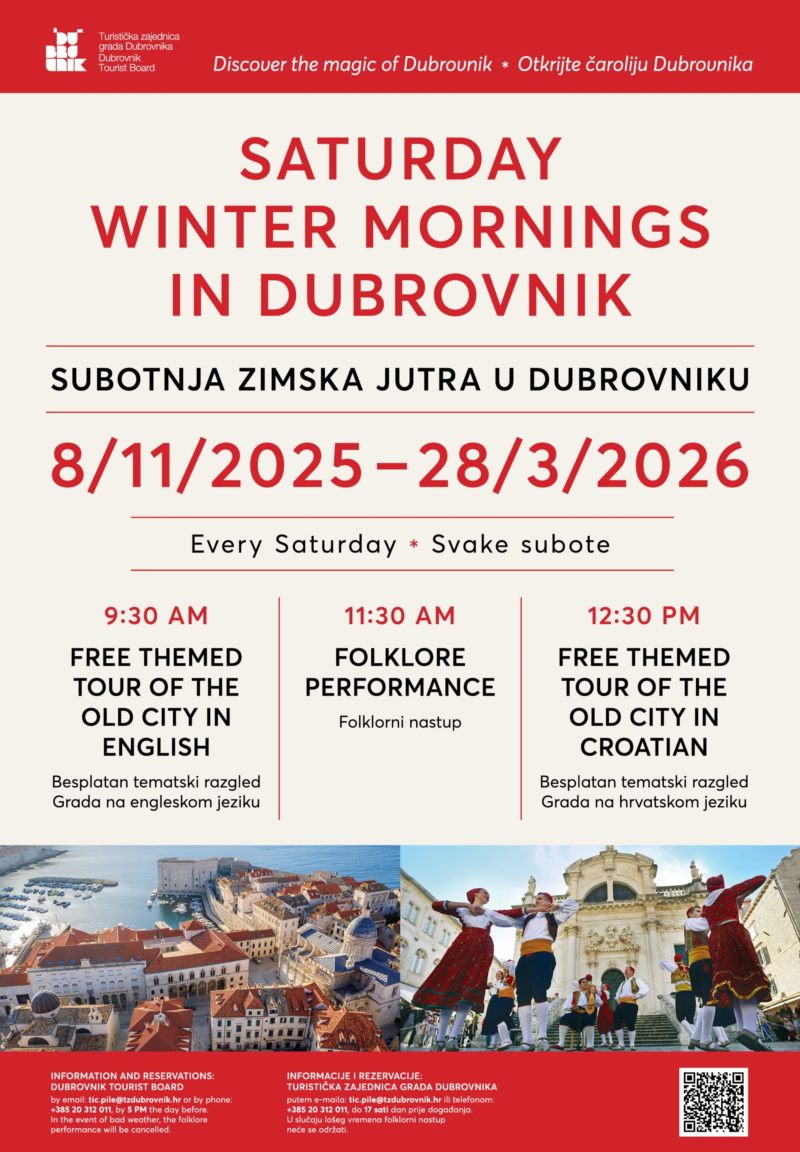 Poster for Saturday Winter Mornings in Dubrovnik, 8 Nov 2025 to 28 Mar 2026, with free themed tours and folklore show