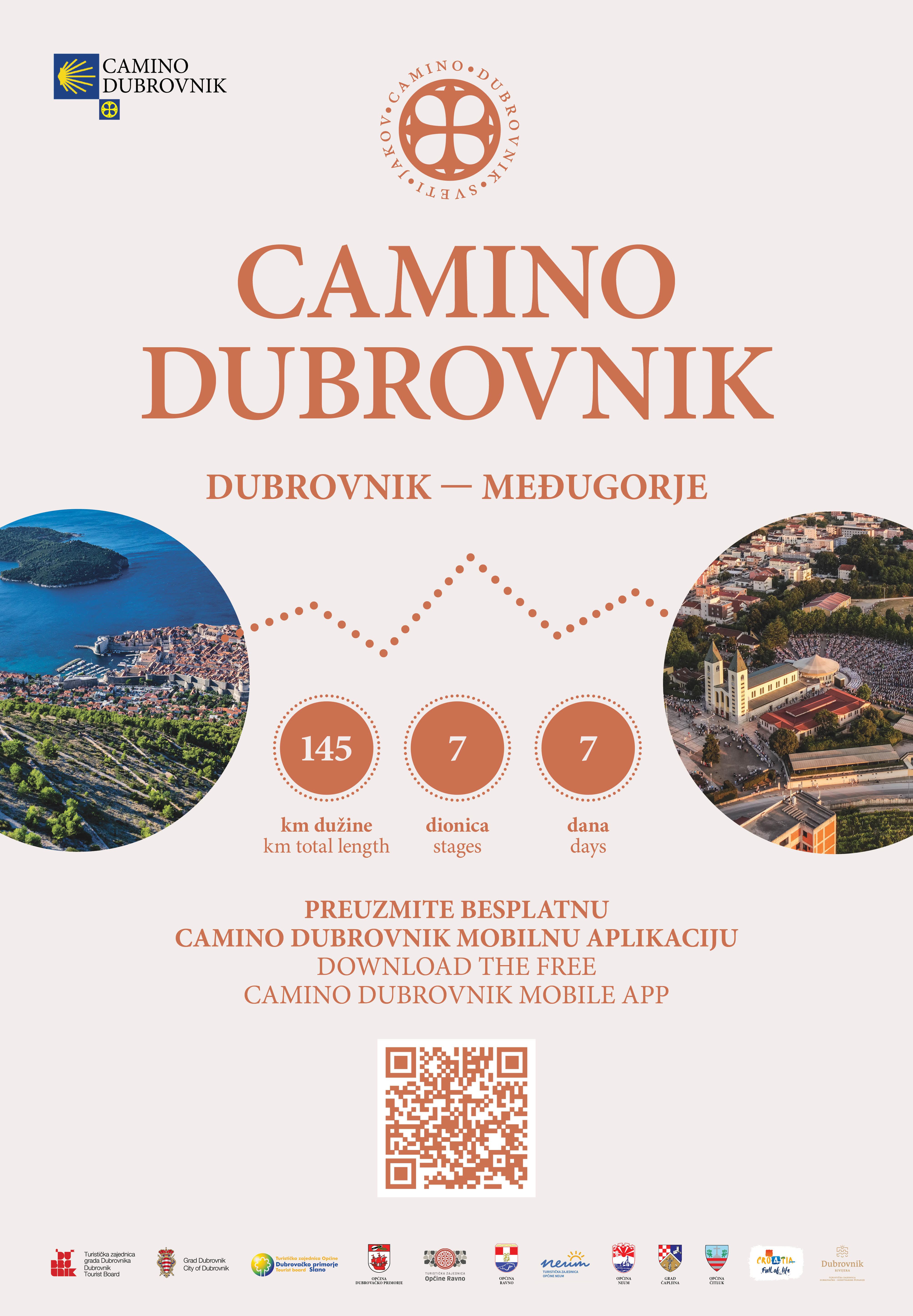 Camino Dubrovnik poster for the 145 km route from Dubrovnik to Međugorje in 7 stages over 7 days