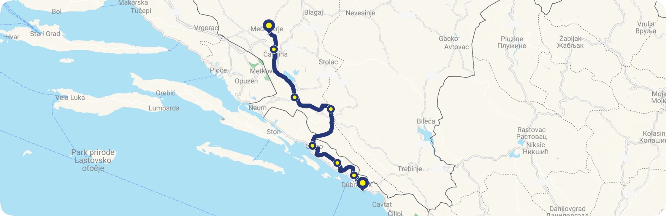 Map of the Camino Dubrovnik walking route from Dubrovnik to Međugorje with stage points