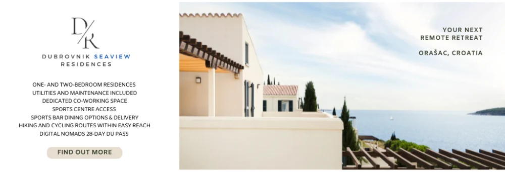 Dubrovnik Seaview Residences banner: remote retreat in Orašac with co-working space and sports centre access